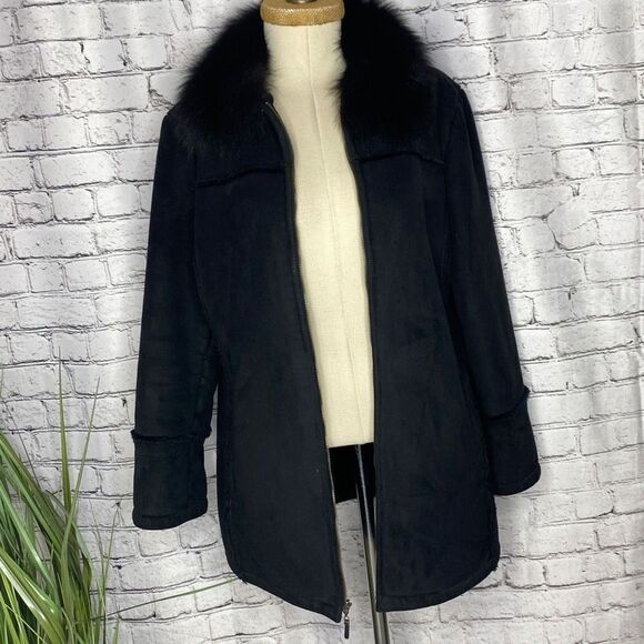 Wilson's Leather Faux Suede Real Fox Fur Removable Collar Zip-Up Jacket Coat Bla - Picture 7 of 15